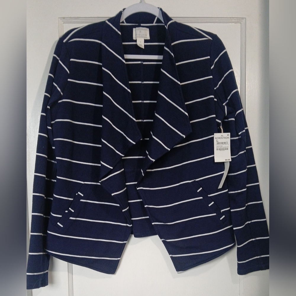 Caslon Striped Navy and White Open-Front Blazer NWT